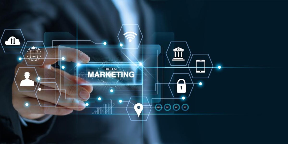 Home 8 Businessman holding word digital marketing in hand with icon network connection on virtual screen dark background
